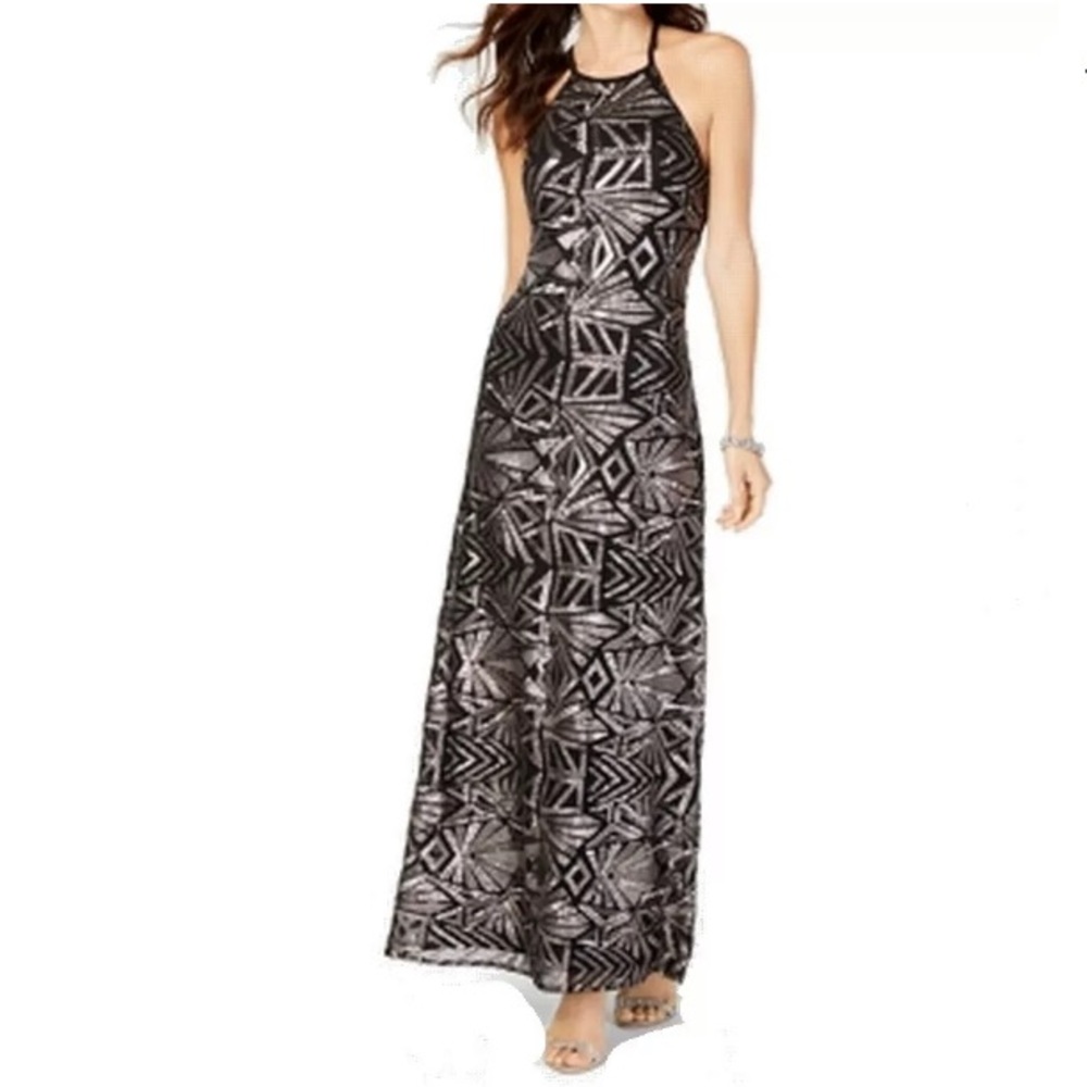Nwt Metallic Sequin Halter Open Back Evening Gown - image 1